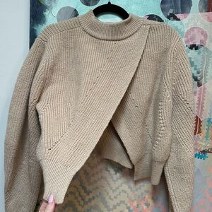 DKNY Merino Wool Cropped Open Back Puffed Sleeves Chunky Sweater Beige